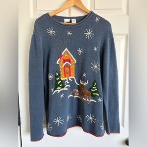 VINTAGE Size XL CHEROKEE WINTER themed sweater.  Long.  Country blue.